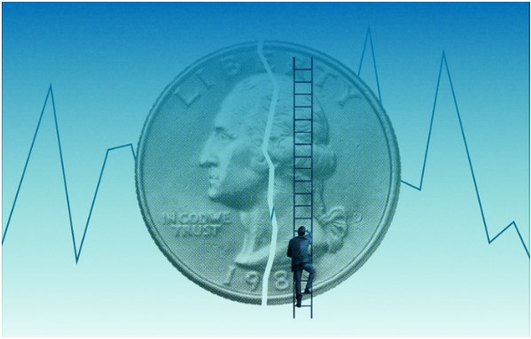 Man climbing up a ladder in front of a coin