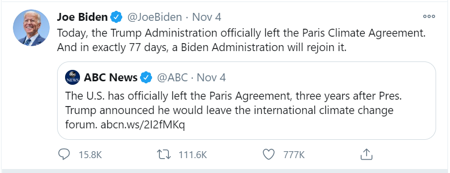 Biden Paris accord tweet