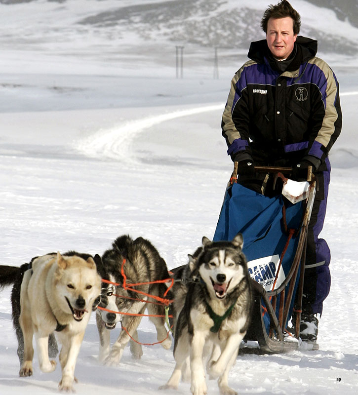 David Cameron in Norway on a glacier with huskies