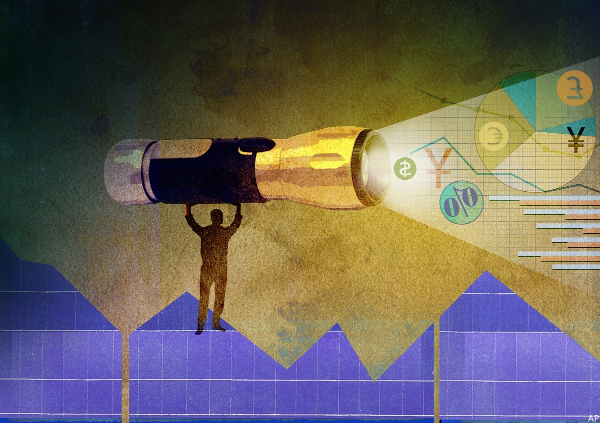 Financial forecast illustration with flashlight shining on currency symbols and charts