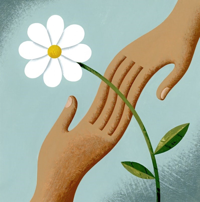 Hands with white flower symbolizing giving