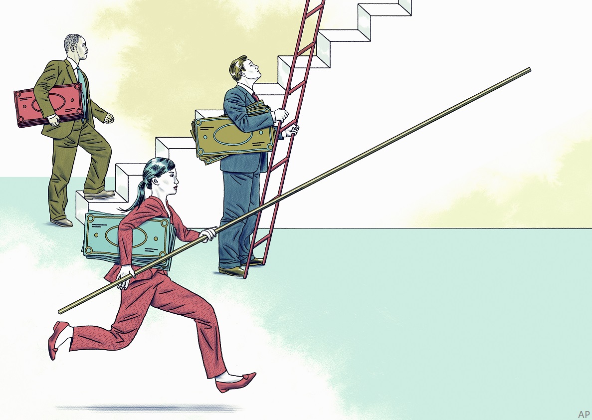 Three investors. One climbing stairs, one climbing a ladder and one performing a pole vault.