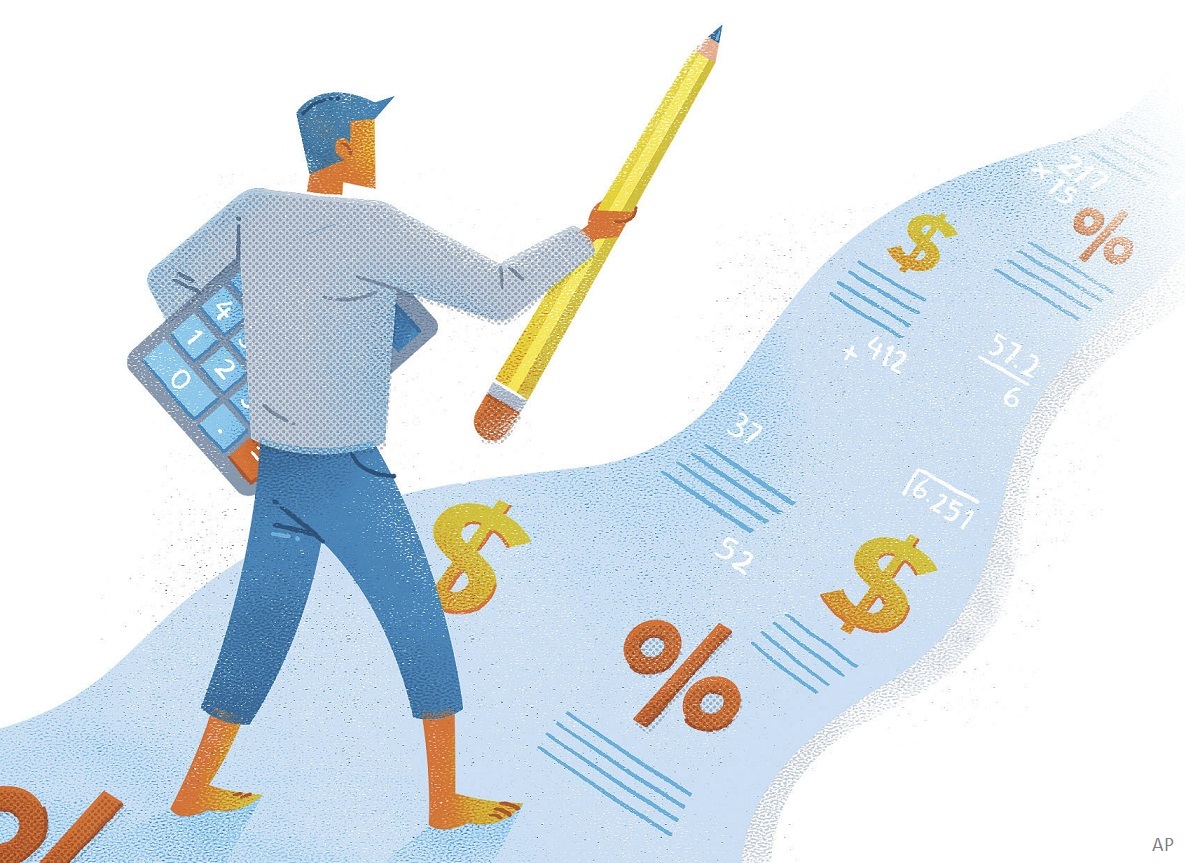 Illustration of a person with a calculator, pencil, and dollar/percent signs
