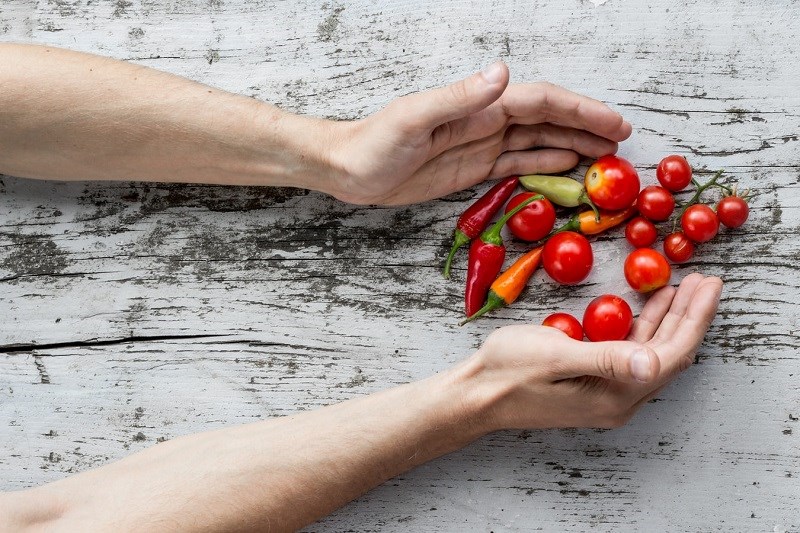 Person holding tomatoes and peppers