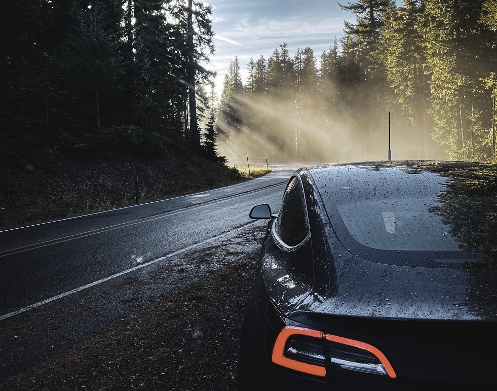 Tesla in the rain on a mountain road