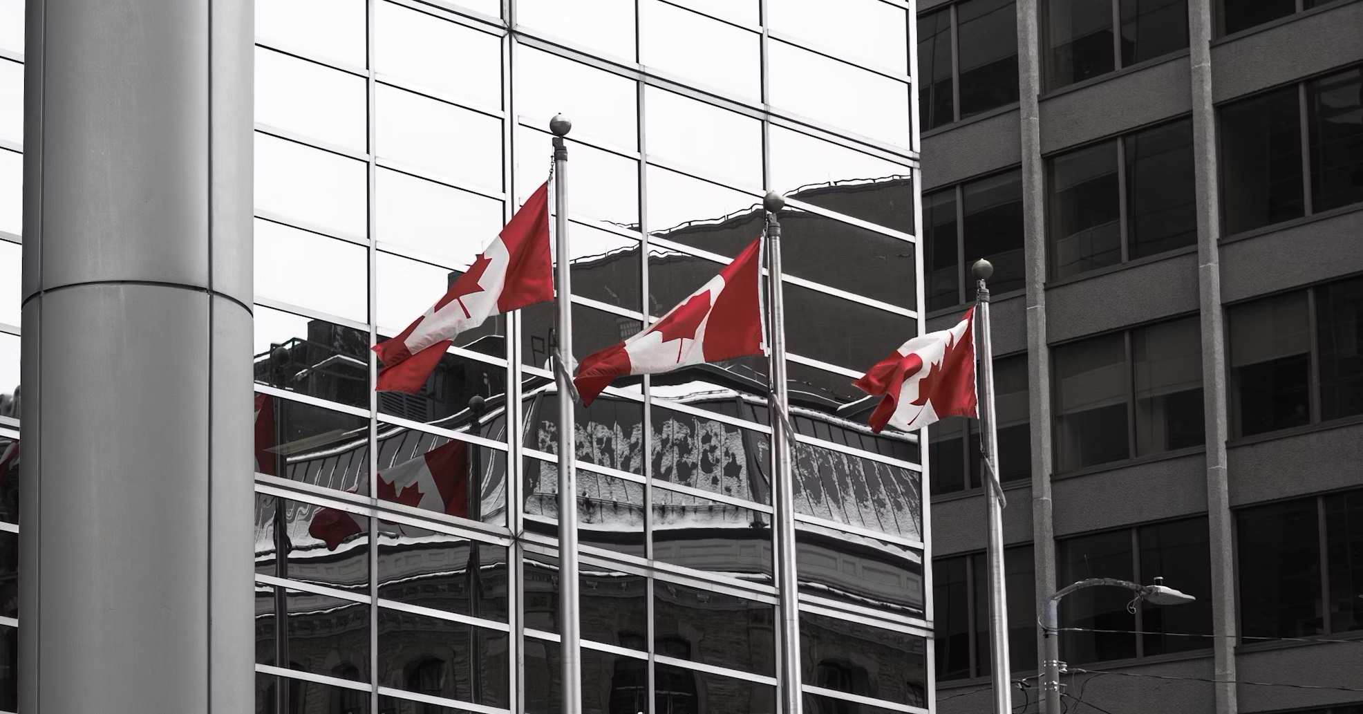 3 Canadian flags in front of building