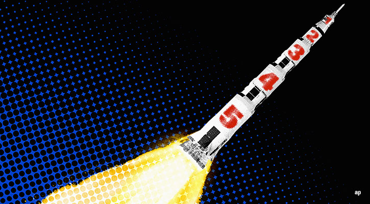 Rocket with numbers on it taking off, illustration