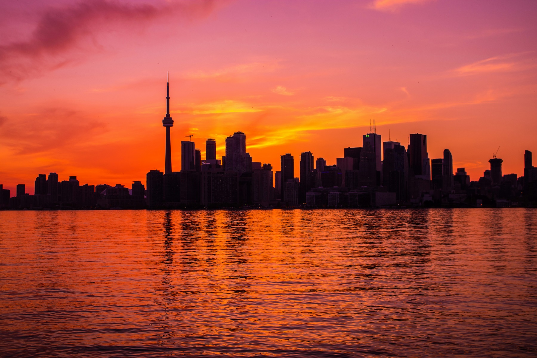 Toronto skyline with a red sunset